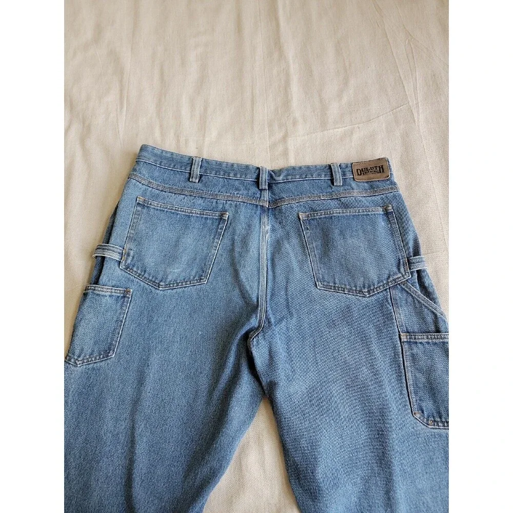 Duluth Mens Jeans 42x30 High Rise Medium Blue‎ Farmer Work Spatter Paint READ